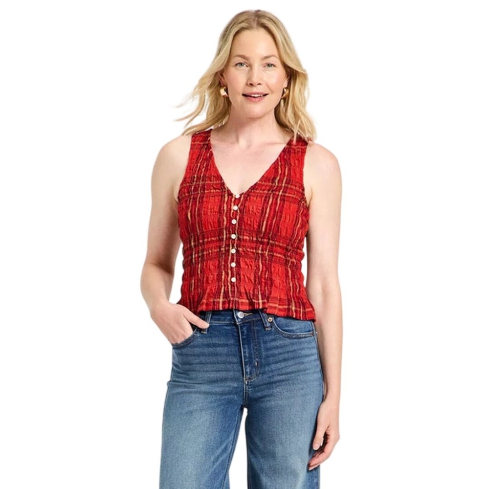 Universal Thread Women's Red Plaid Smocked Button Front Tank Top Size Large